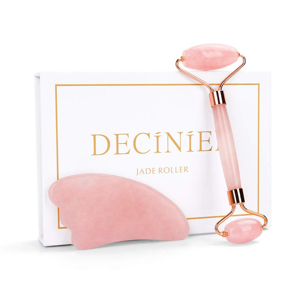 Deciniee Jade Roller and Gua Sha Tools Set - Anti Aging Rose Quartz Roller Massager - 100% Real Natural Jade Roller for Face, Eye, Neck - Beauty Jade Facial Roller for Slimming & Firming