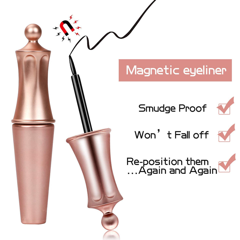 Magnetic eyeliner with 3D magnetic eyelash set | Magnetic Eyeliner With Magnetic Eyelashes | Natural full eye 5 magnet eyelashes false Fake Lashes with Eyelash Tweezers（Rose gold)