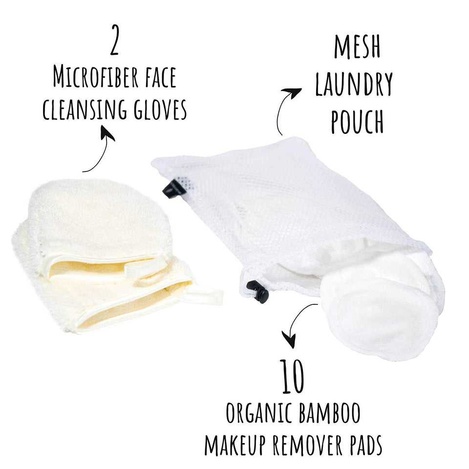 Reusable Makeup Remover Pads and Microfiber Face Cleansing Gloves | 12 Pack with Laundry Bag | 100% Organic Bamboo Cotton | Eco-friendly | Waste Free | Luxury