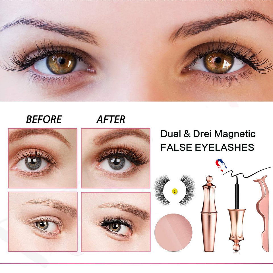 Magnetic eyeliner with 3D magnetic eyelash set | Magnetic Eyeliner With Magnetic Eyelashes | Natural full eye 5 magnet eyelashes false Fake Lashes with Eyelash Tweezers（Rose gold)