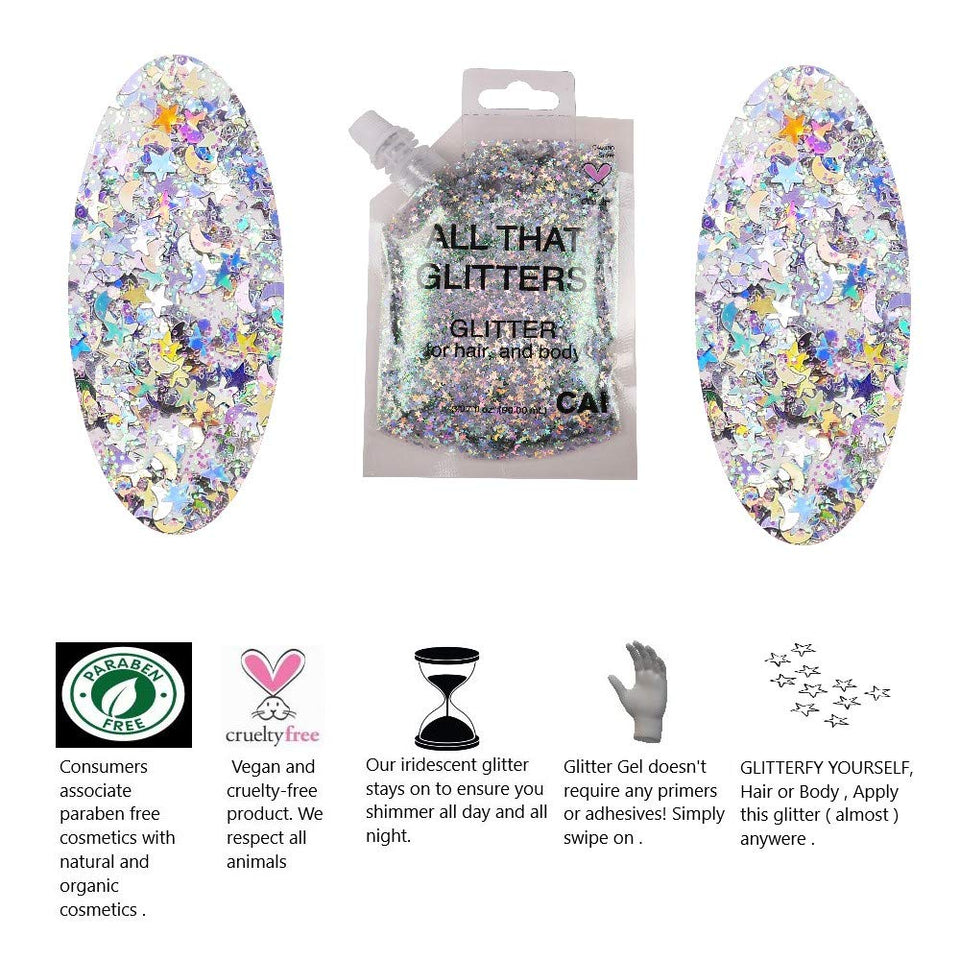 Hair and Body Glitter Bag Pouch Holographic Cosmetic Grade Glamour, Silver