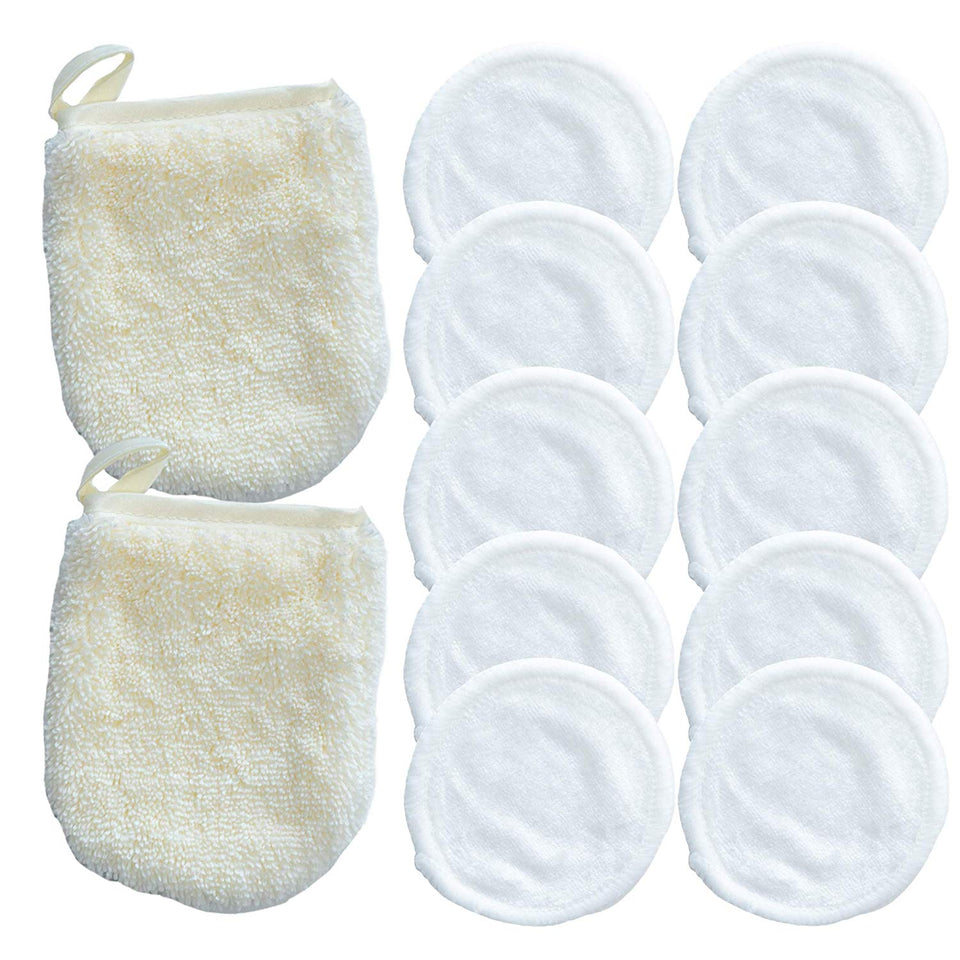 Reusable Makeup Remover Pads and Microfiber Face Cleansing Gloves | 12 Pack with Laundry Bag | 100% Organic Bamboo Cotton | Eco-friendly | Waste Free | Luxury