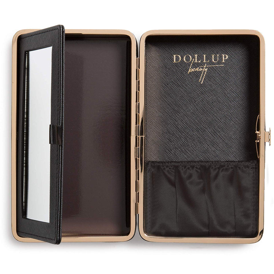 Dollup Case Makeup Organizer - Features Empty Magnetic Palette, Foldaway Vanity Mirror + Accessory Pocket. Perfect travel makeup compact. (Jetset Black).